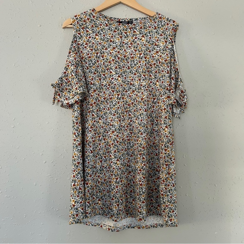 Mango Floral Mini Shift Dress Cold Shoulder Casual Comfy Fall Medium